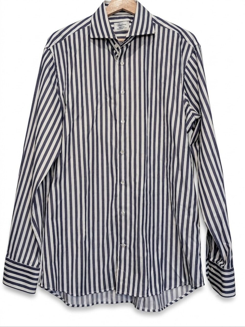 Stenstroms Dress Shirt Mens 16 41 Fitted Body Blue White Stripe Cotton Spread...